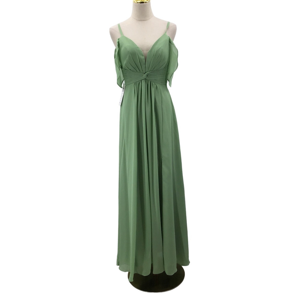 BRIDESMAID SZ 2 XS Green cold shoulder lace up pleated party maxi dress NWT 0B17